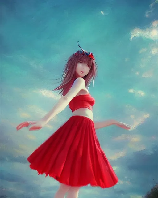 Prompt: goddess of summer, red gauze skirt, dreamy, beautiful, by wlop