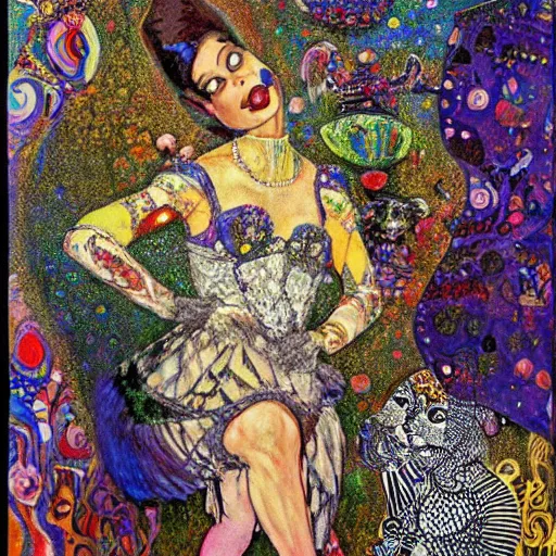 Prompt: josephine baker in alice in wonderland tripping on lsd, intricate detail, painting, klimt, royo, frazetta, whealan,