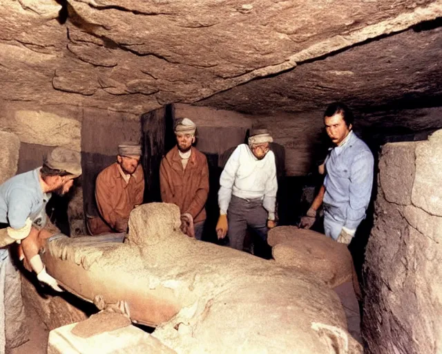 Image similar to vintage 3 5 mm color photo of a team of archaeologists opening up a sarcophagus in an egyptian tomb