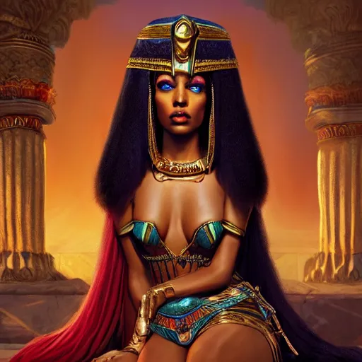 Prompt: Cleopatra on her throne, beautiful eyes, full body, fantasy, beautiful face, medieval, vivid colors, elegant, concept art, sharp focus, digital art, Hyper-realistic, 4K, Unreal Engine, Highly Detailed, HD, Dramatic Lighting by Brom, trending on Artstation