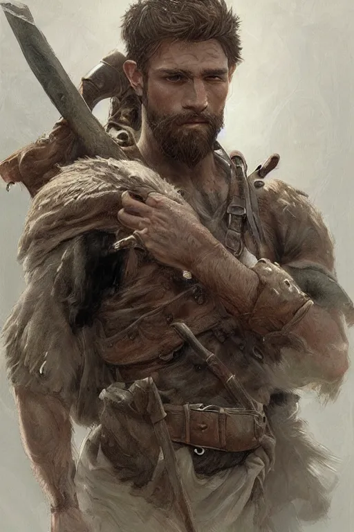 Image similar to portrait of a young rugged ranger, muscular, handsome, upper body, hairy torso, D&D, fantasy, intricate, elegant, highly detailed, digital painting, artstation, concept art, smooth, sharp focus, illustration, art by artgerm and Greg Rutkowski and Alphonse Mucha