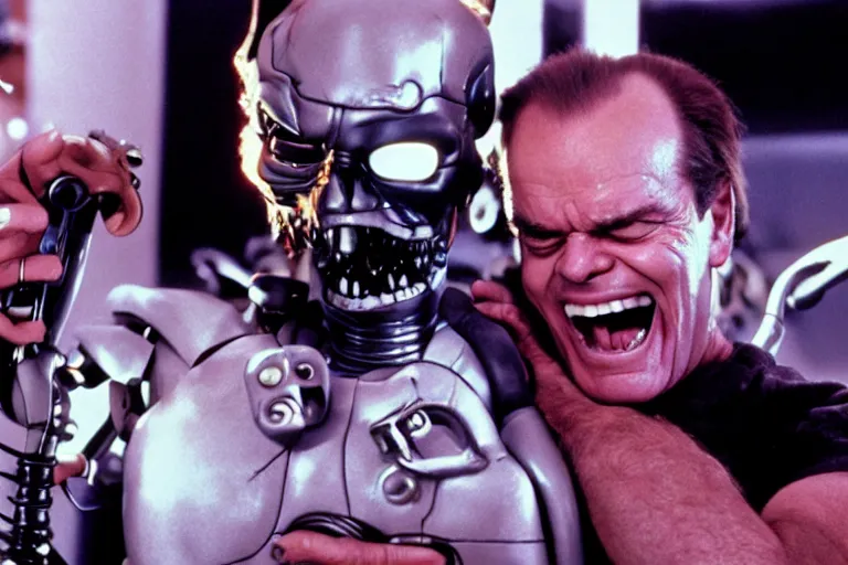Prompt: Jack Nicholson plays Terminator Pikachu hybrid, scene where his endoskeleton gets exposed, still from the film