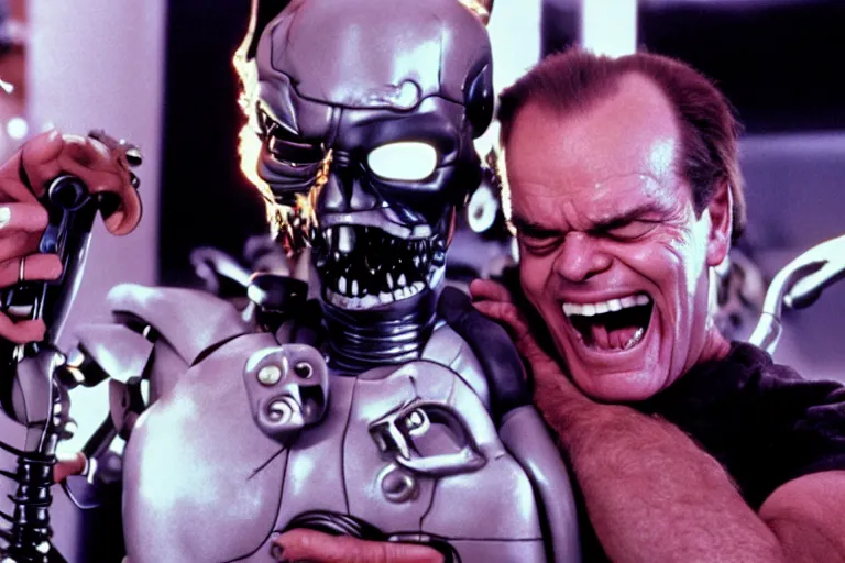 Image similar to Jack Nicholson plays Terminator Pikachu hybrid, scene where his endoskeleton gets exposed, still from the film