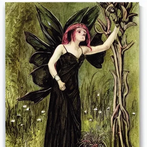 Image similar to dark gothic fairy wearing a gown posing with castor bean plant by Cicely Mary Barker