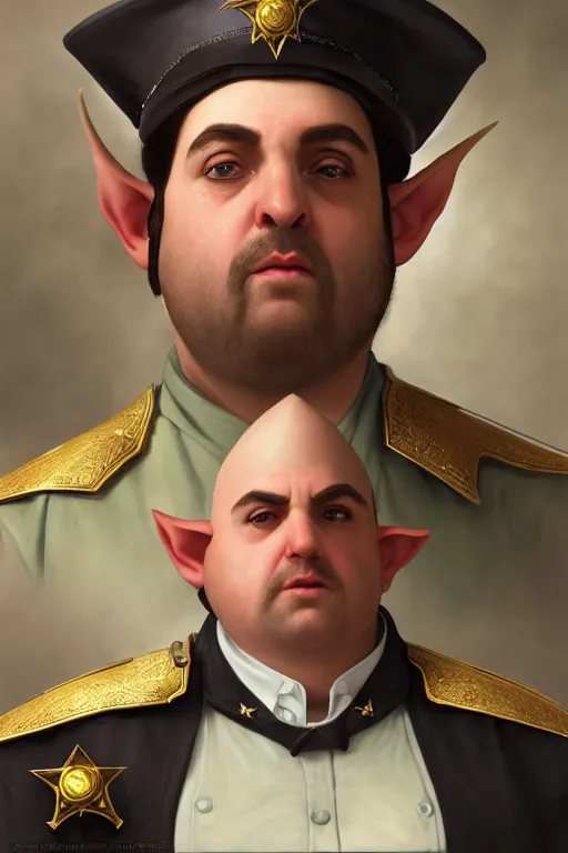 Image similar to a shifty fat high elf mall cop with a sheriff's badge with pointy elf ears, Oil Painting, hyperrealistic, Detailed Digital Art, RPG portrait, 3/4 bust, William-Adolphe Bouguereau, Michael Cheval, dynamic lighting, Highly Detailed, Cinematic Lighting, 8k, HD