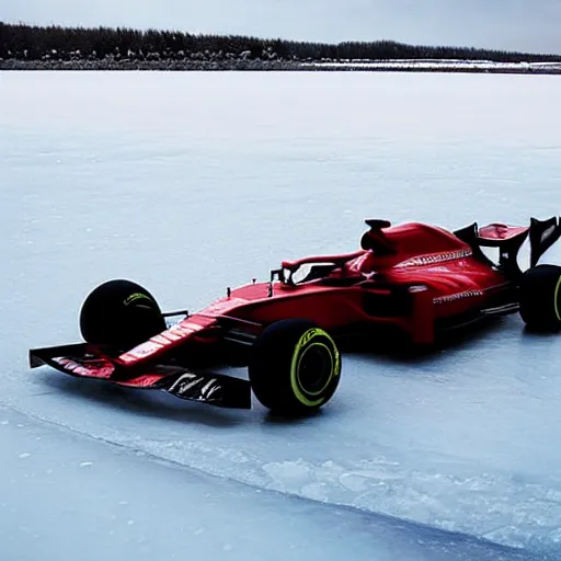 Image similar to an f1 car drifting across a frozen ice lake, cinematic shot