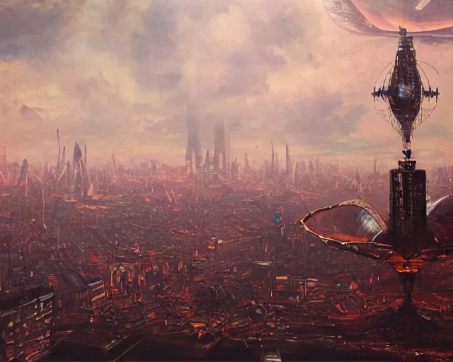 Image similar to oil painting of a big steampunk zeppelin over cyberpunk london, futuristic watchtower, view from far away, dark vibes, very serous painting, majestice masterpiece, tonalism