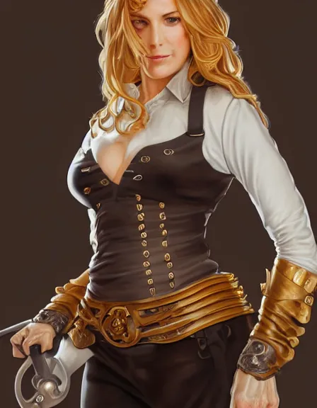 Image similar to fully clothed armed female pirate captain. sun, summer, blue eyes, beauty, wisdom, love, strength, knowledge, smart, portrait, symmetrical, highly detailed, digital painting, artstation, smooth, sharp focus, illustration, strength, art by artgerm and alphonse mucha and louis theophile hingre. 8 k