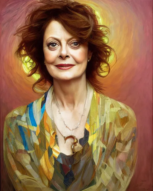 Prompt: portrait of a susan sarandon by Mandy Jurgens and Richard Schmid and chuck close and mucha