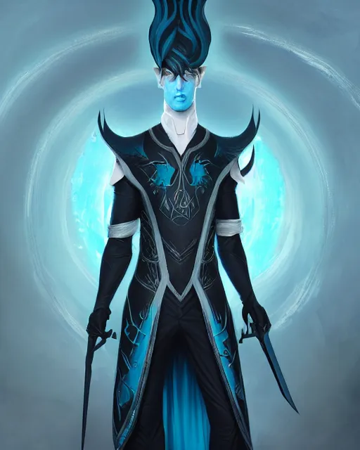 Prompt: character portrait of a slender young half elven man with white hair, piercing turquoise blue eyes, and pale blue skin, wearing sleek pearlescent black armor, by greg rutkowski and mark brookes and jim burns and tom bagshaw and magali villeneuve, trending on artstation