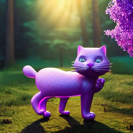 Prompt: lilac jelly cat, transparent jelly, sunlight, golden hour, forest, octane render, realistic render, highly detailed, 8k, HD