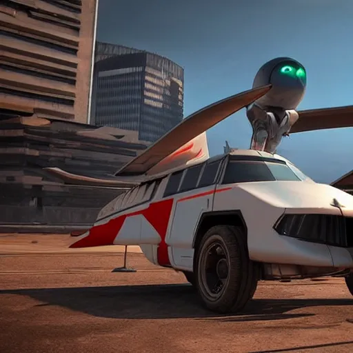 Image similar to cyberpunk alien concept of the a - team van with airplane wings in both sides, flying in the sky of egypt, futuristic look, highly detailed body, very powerful, photorealistic camera shot, crisp quality and light reflections, unreal engine 5 quality render