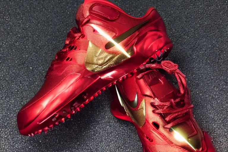 Image similar to mid product still of The New metallic red and gold Ironman Nike sneakers with glowing arc reactor swoosh and carbon fiber accents, 4k