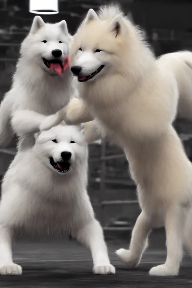 Image similar to samoyed dog competing in muay thai kickboxing fight, photorealistic, 4k, dramatic and cinematic