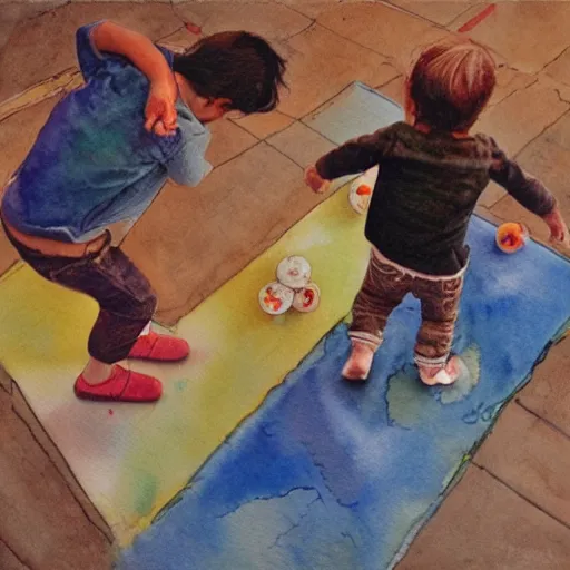 Image similar to kids playing the game the floor is lava, watercolour