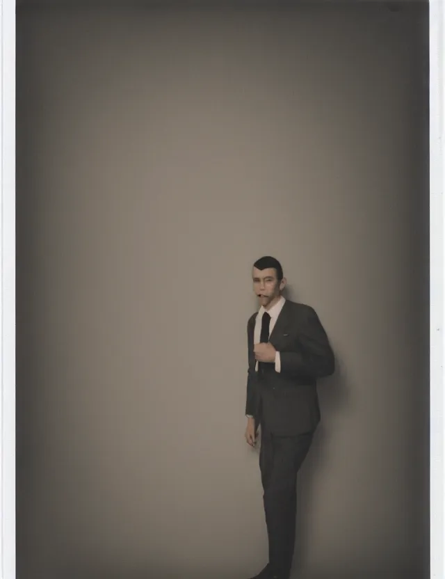 Image similar to polaroid photo with flash, non ordinary model, in a male suit, polaroid photo bleached strong lights, kodak film stock, hyper real, stunning moody cinematography, with anamorphic lenses, by maripol, detailed