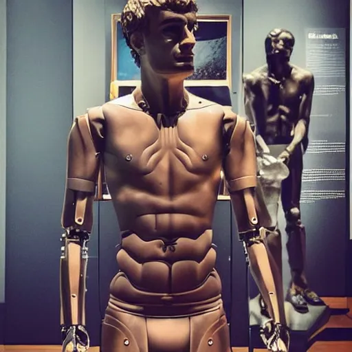 Image similar to “ a realistic detailed photo of a guy who is an attractive humanoid who is half robot and half humanoid, who is a male android, soccer player antoine griezmann, shiny skin, posing like a statue, blank stare, at the museum, on display ”