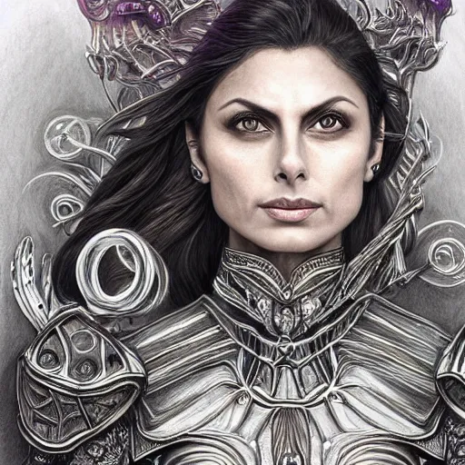 Image similar to hyper realistic pencil drawing of Morena Baccarin as a eldritch queen, intricate detail, beautiful, battle armor, war, fight, light, dragon, colorful by anna dittmann