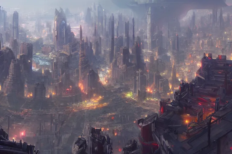 Image similar to concept art painting of an evil empires capital city with large fortress in the middle, realistic, detailed, cel shaded, in the style of makoto shinkai and greg rutkowski and james gurney