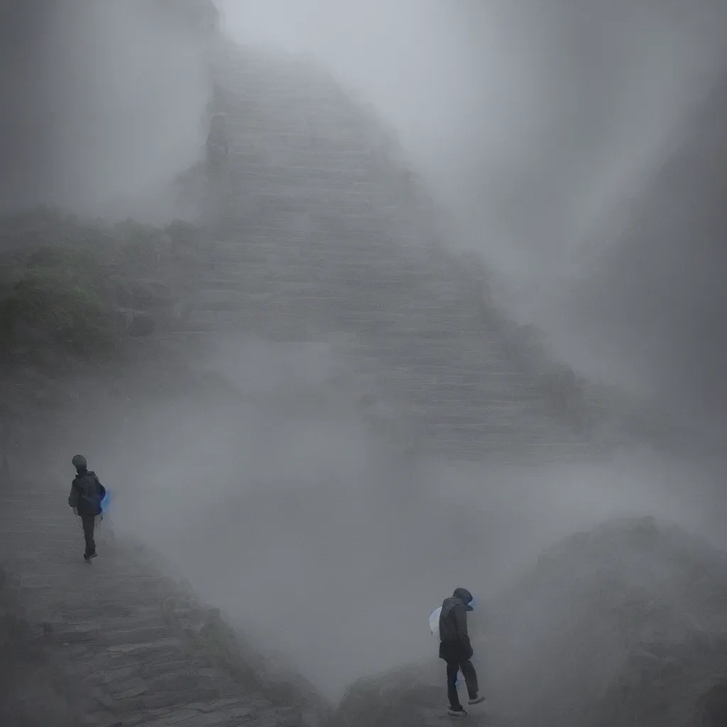 Image similar to a man walking up a set of stairs in the clouds, an ambient occlusion render by wang yuan, cg society contest winner, interactive art, made of mist