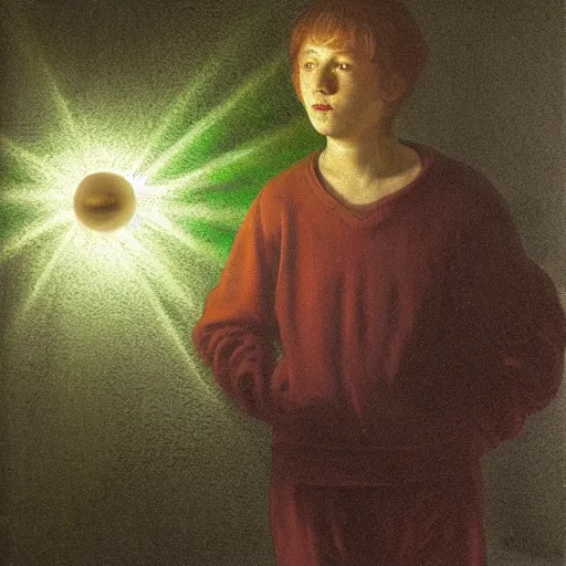 Prompt: a fourteen year old boy with auburn hair wearing only pajama bottoms, standing in a dark room illuminated by a small green glowing orb with tendrils of light, floating in front of him. a look of surprise on his face. dramatic lighting,, high contrast, rembrandt, duch masters, samma van klaarbergen, petrus van schendel - 6