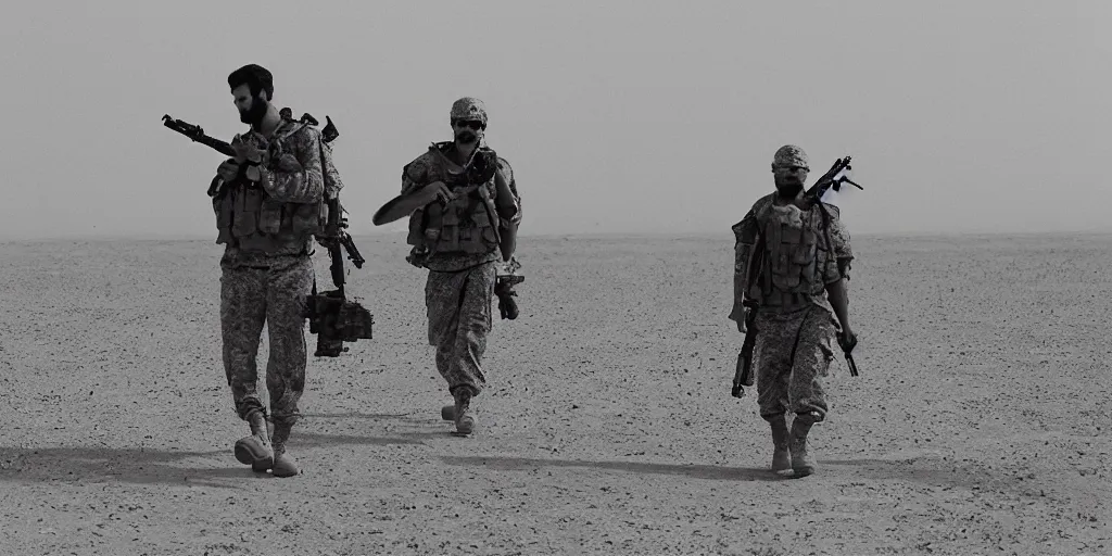 Image similar to an anamorphic rooster walking the sands of iraq with his platoon. cinematic photograph. 35mm.