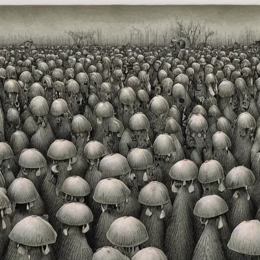 Prompt: a hyperrealistic painting of an army of angry mushrooms, by john kenn mortensen, highly detailed,