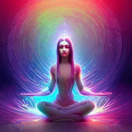 Image similar to glowing cracks, elven princess, meditating, peaceful, levitating, powerful, blossoming, lotus pose, zen, glowing, fractal background, ascending, detailed, realistic, digital art, fantasy, trending on artstation, cinematic, movie clip