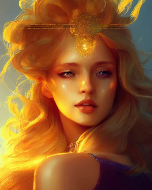 Image similar to a beautiful sun goddess, flowy yellow golden hair, sun, summer, cinematic lighting, highly detailed, digital painting, trending on artstation, pixiv, concept art, sharp focus, illustration, art by ross tran and wlop