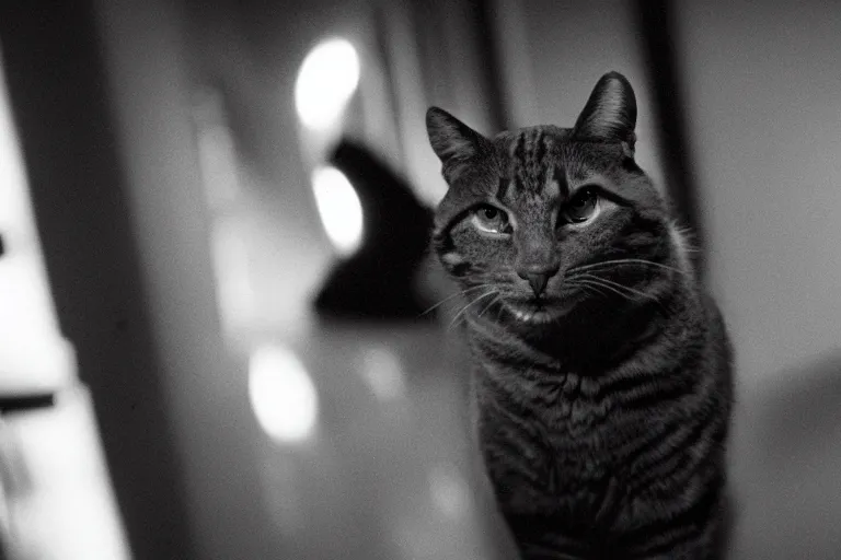 Image similar to film noir film still of a genetically modified anthropomorphic cat detective. neo - noir. directed by ridley scott. neon.