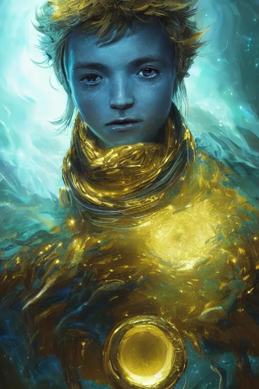 Image similar to a fancy portrait of a small golden celestial child in a blue and green portal, by greg rutkowski, sung choi, mitchell mohrhauser, maciej kuciara, johnson ting, maxim verehin, peter konig, bloodborne, 8 k photorealistic, cinematic lighting, hd, high details, dramatic, dark atmosphere, trending on artstation