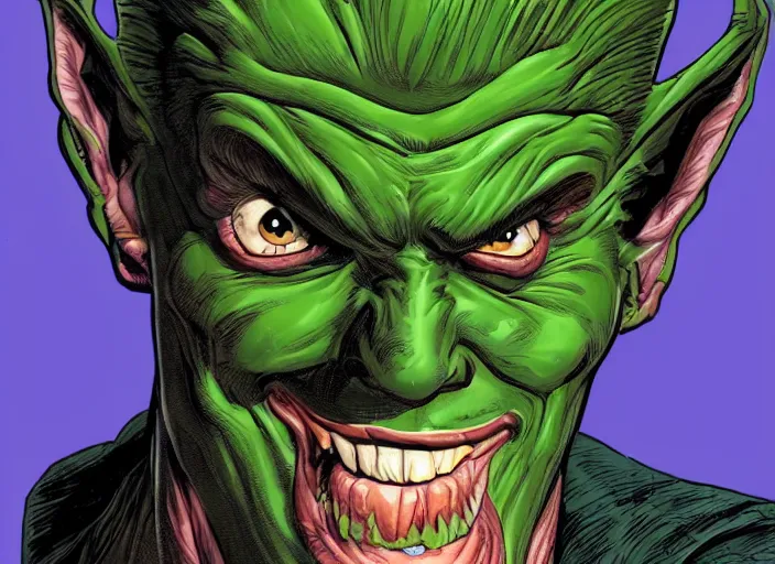 Image similar to portrait of hyper realistic comic green goblin