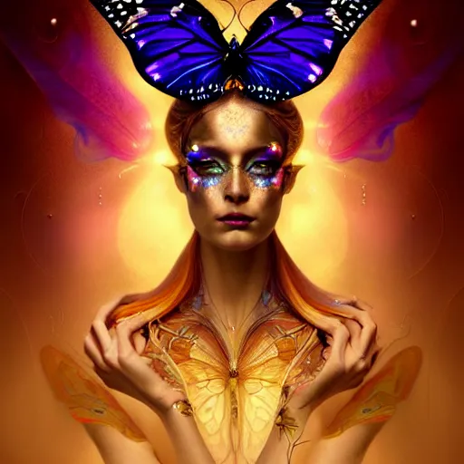 Prompt: extremely psychedelic beautiful cyborg queen of lsd infected by night. intricate, elegant, highly detailed, extremely lifelike photorealistic digital painting, artstation. steichen, gaston bussiere, tom bagshaw, cyberpunk alphonse mucha. elegant minimalism. anatomically correct. sultry murderous rage. sharp focus. gold and black transparent butterfly wings. lifelike