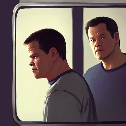 Image similar to Matt Damon and Mark Wahlberg looking at each other confused in the mirror, artstation, concept art, smooth, sharp focus, illustration