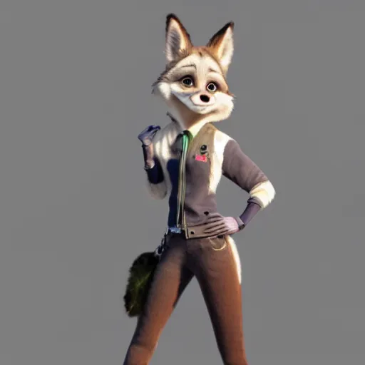 Prompt: portrait, 3d render , anthropomorphic wolf female, wearing a torn knee langth jacket , in the style of Zootopia