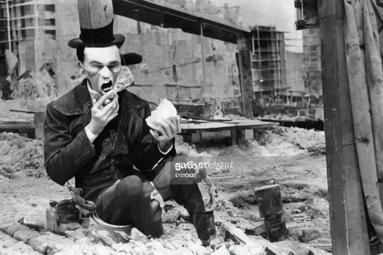 Image similar to dracula eating a bologna sandwich on a construction site 1 9 4 0 s