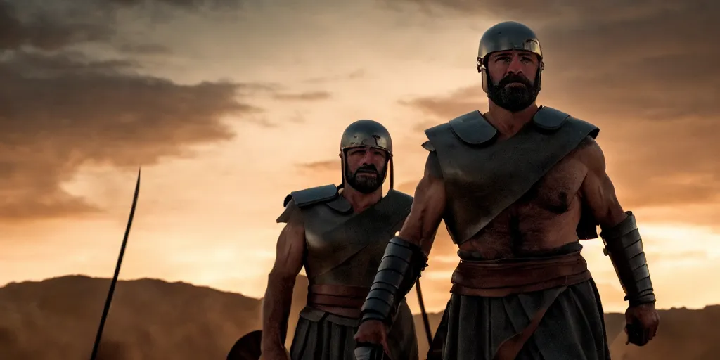 Image similar to epic cinematic film still of joe biden as leonidas in the movie 3 0 0, golden hour lighting, moody sky, 8 k