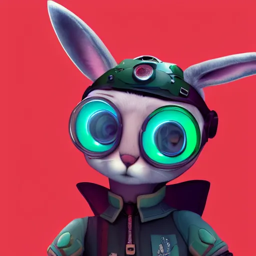 Prompt: portrait of a super cute cyberpunk bunny, a carrot, pixar, zootopia, cgi, blade runner. trending on artstation