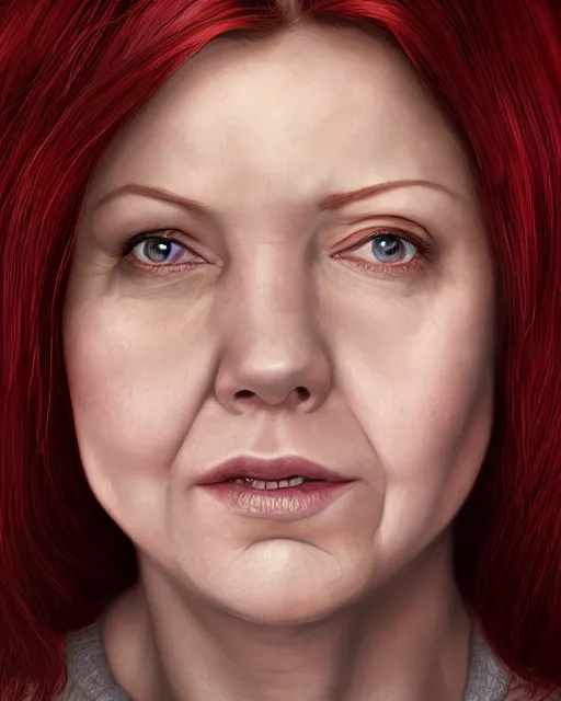 Image similar to portrait of short and plump 5 0 - year - old woman with red hair and, kind face, round face, short hair, molly weasley, wearing in cardigan, hyper realistic face, beautiful eyes, character art, art by mark brooks, hyperdetailed, cryengine, trending on artstation, digital art