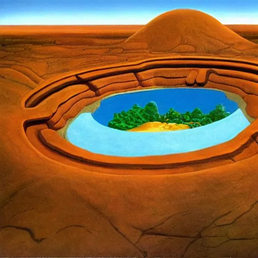 Prompt: a cylindrical pit in the ground with a city inside, painting by Roger Dean