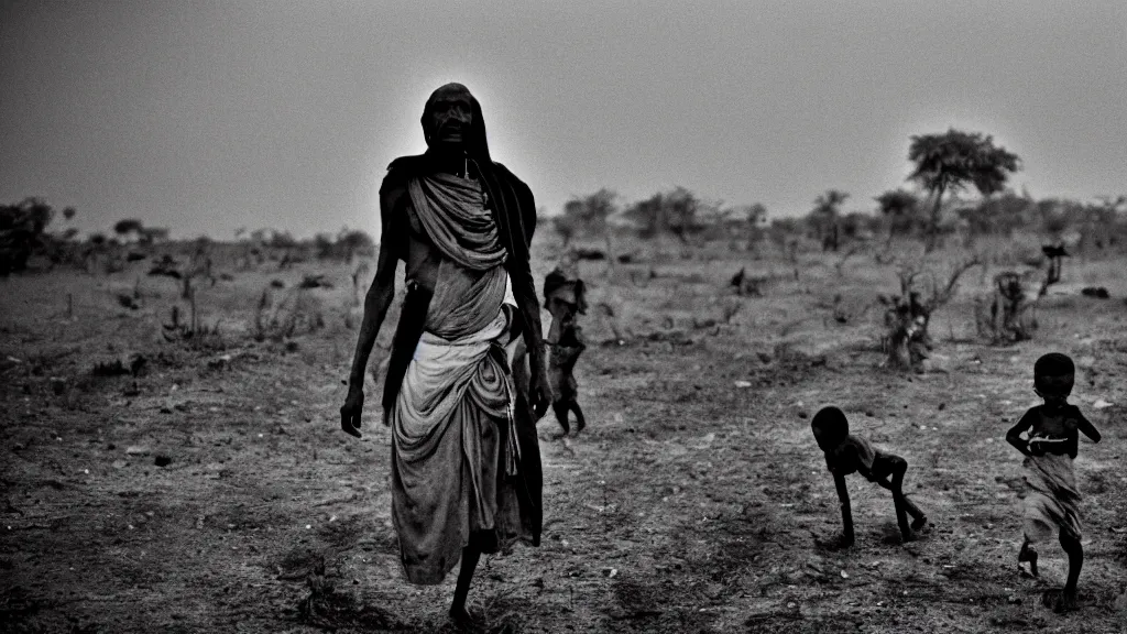 Prompt: 1984 Ethiopian biblical famine and drought, moody, dark, portrait, movie scene, hd, 4k, wide shot