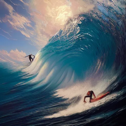 Image similar to big wave surfing at teahupo'o, intricate, highly detailed, digital painting, artstation, concept art, smooth, sharp focus, illustration, unreal engine 5, 8 k, art by artgerm and greg rutkowski and alphonse mucha