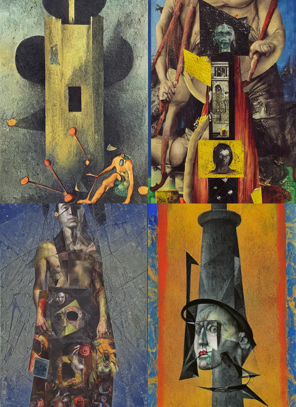 Prompt: a portrait oil painting entitled \'the tower\' in the style of max ernst and Joel-Peter Witkin, tarot card, digital illustration