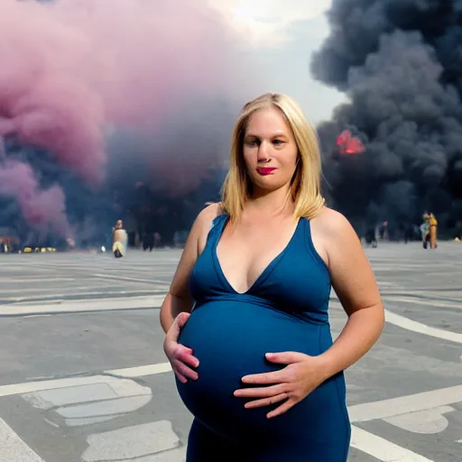 Image similar to a beautiful blonde pregnant woman, in front of the collapsing world trade center on 9 / 1 1 with pink smoke, 1 2 0 mm, clear details, award winning