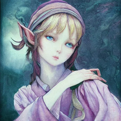 Prompt: little elf girl, tunic, soft hair. light color palate, purple, yellow and white. detailed soft painting, ayami kojima, made in abyss, anatomically correct, inspired in balthus, high detailed face anime, vogue magazine, glorious composition