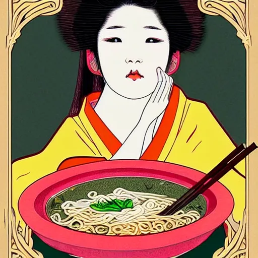 Image similar to beautiful japanese female model eating ramen soup portrait in the style of art nouveau x belle epoque