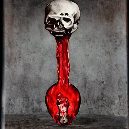 Image similar to transparent red liquid dripping inside in a transparent skull, alexander jansson