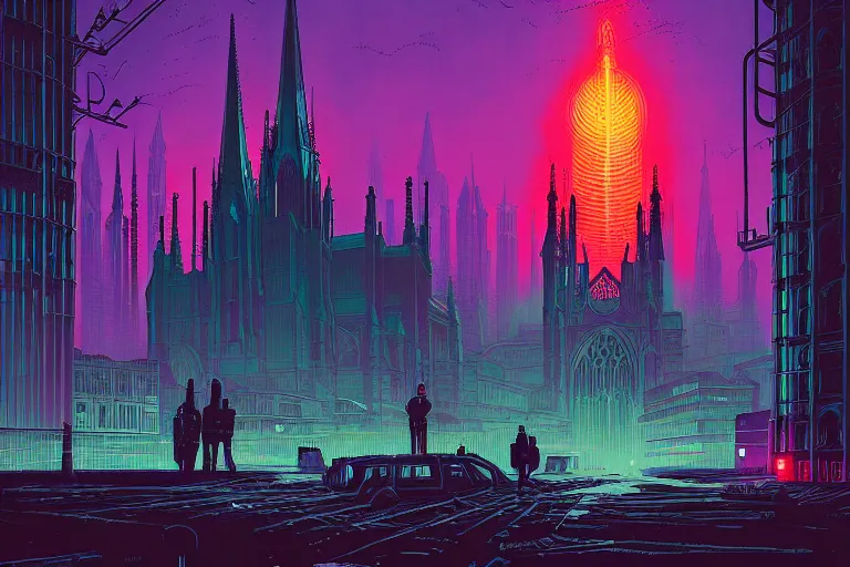 Prompt: a gothic cathedral dan mumford and josan gonzalez and simon stalenhag, cyberpunk, police drones