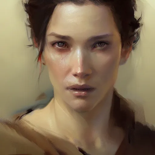 Prompt: a woman with a normal face, portrait by Greg Rutkowski, craig mullins and Gaston Bussiere