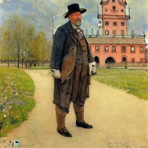 Image similar to painting by zorn, carl larsson, cow, dressed, anthropomorphic!!, wearing!!! clothes!!!, standing next to royal castle!!!